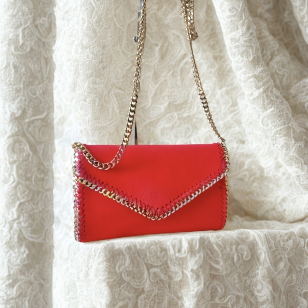 Elegant Red With Goldtone Chain Crossbody Bag. Vegan Suede, Top Qualiy.